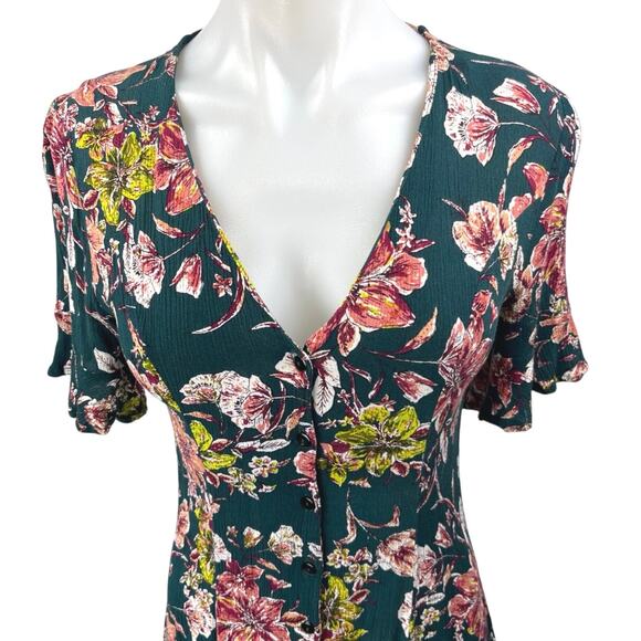 Lulus Green Multicolor Floral Deep V Neck Short Sleeve A Line Mini Dress Size XS - Picture 3 of 5